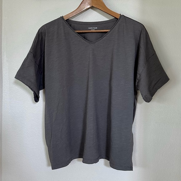 EILEEN FISHER L XL Slubby Organic Cotton V-Neck Sleep Tee in Ash • Lightweight - Picture 3 of 13